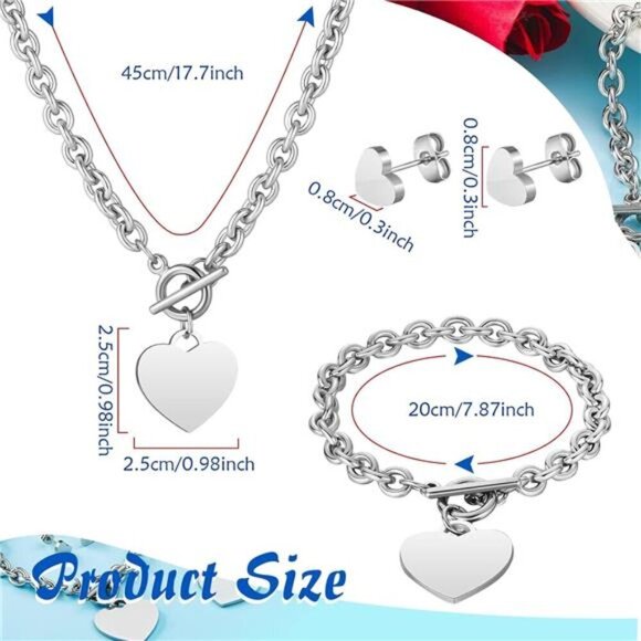 3 Pcs Heart Jewelry Set Heart Pendant Chain Toggle Necklace Stainless Steel - Picture 3 of 7